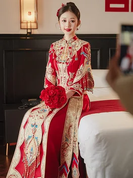 Невеста, блестящий Чонсам с пайетками, винтажное свадебное платье в китайском стиле, расшитое бисером и кисточками, одежда для тостов, праздничное платье для свадьбы, Ципао