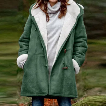 Новая зимняя куртка с пряжкой из коровьего рога, женские карманы, однотонное пальто с капюшоном на флисовой подкладке, женская верхняя одежда, плотное пальто