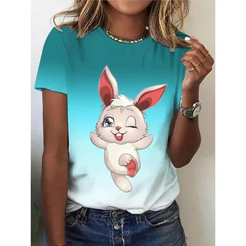 Новая летняя женская модная футболка с 3D принтом кролика, градиентная повседневная футболка с коротким рукавом и рисунком, хит продаж, обычная женская одежда
