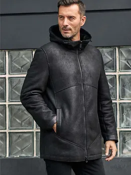 Новая мужская куртка из овчины, длинное меховое пальто, черное кожаное пальто, повседневная теплая зимняя верхняя одежда
