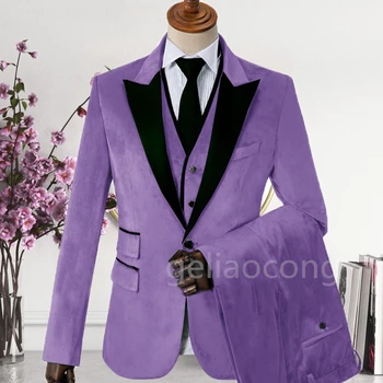 Новейшие приталенные фиолетовые мужские костюмы для свадьбы, выпускного вечера, черные бархатные смокинги для жениха с лацканами, официальный мужской комплект из 3 предметов, куртка, Брюки, жилет
