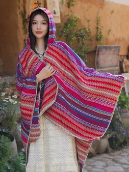 Новый 2023 Вязаный женский шарф, зимнее полосатое пончо с капюшоном, женское толстое одеяло Capa Para Mujer Chales, шаль из пашмины в стиле бохо