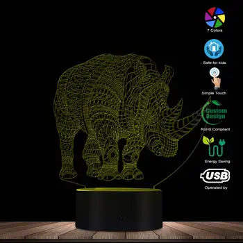 Носорог 3D Многоцветный СВЕТОДИОДНЫЙ Дизайн Животного Оптическая Иллюзия Лампа Красочное Обесцвечивание Новинка Декоративный Светодиодный Визуальный Ночник