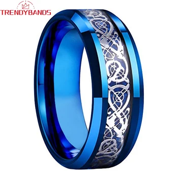 Обручальное кольцо из Карбида вольфрама с синим драконом 8 мм для мужчин, Женские ювелирные изделия, Обручальное кольцо Со скошенными краями, Комфортная посадка