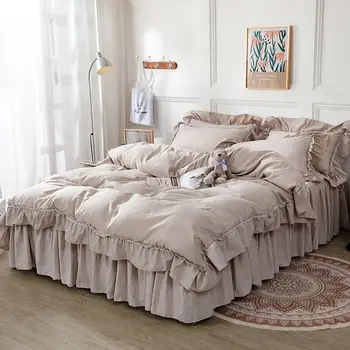 Однотонная кровать, полный набор текстильных принадлежностей, 4 шт., цвет чая с молоком, двуспальная кровать размера 