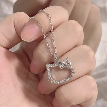 Ожерелье Sanrio Hello Kitty Kawaii Милая мультяшная цепочка на ключицу Кольцо с бриллиантом Кулон из стерлингового серебра Девушке сладкий подарок на день рождения