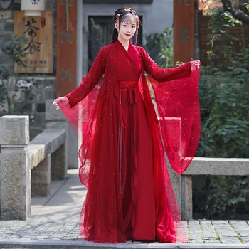 Оригинальный Женский старинный костюм Hanfu, Красные Элегантные блестки, мерцающая 2-слойная ткань, Сказочный танцевальный бал в китайском стиле