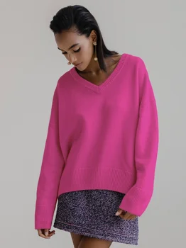 Осенне-зимний Свободный свитер с V-образным вырезом и длинным рукавом, женские модные топы с длинным рукавом 2022, женские
