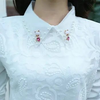 Осенние женские кружевные рубашки и блузки с длинными рукавами, Женские бархатные топы с отложным воротником и бриллиантами, Большие размеры 4XL