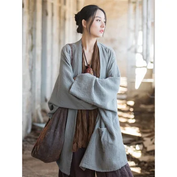 Осенний новый женский топ в стиле харадзюку, элегантная женская одежда в стиле ретро, хлопковое пальто из конопли в стиле дзен, чтобы состарить повседневное свободное пальто