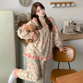 Осенний пижамный комплект с цветочным принтом, Женский домашний костюм из двух предметов в корейском стиле, оборки, Кавайная пижама на шнуровке, Хлопковая домашняя одежда, Милая