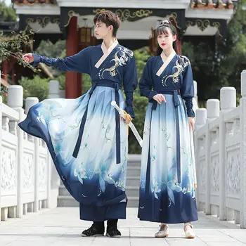 Пара CP Hanfu в китайском стиле, мужская и женская одежда с вышивкой крестом на шее, комплект из двух предметов с градиентным принтом, одежда для студенческого класса