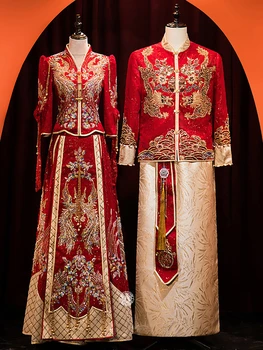 Пара Изысканных Свадебных платьев с вышивкой Феникса, Свадебное платье невесты в китайском стиле, Винтажные блестки, бисероплетение, Ципао