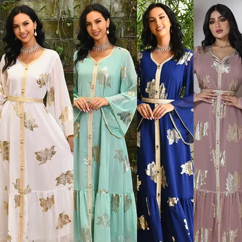 Платье Ближневосточное, Новая Мода, Горячая Распродажа, Шифоновое Платье Большого Размера с Золотым Тиснением, Мусульманское Платье Abaya Dubai
