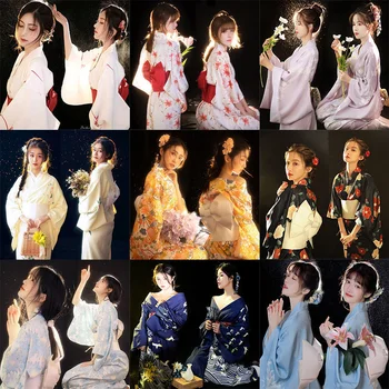 Платье-кимоно для девочек с вишневым цветом, халат Юката в японском стиле, Женская японская униформа Хаори с цветочным принтом, ролевые игры