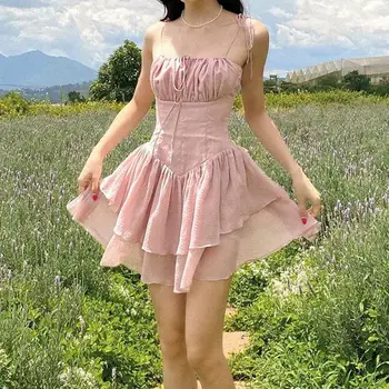 Платье-комбинация во французском пасторальном стиле с краем в виде листьев лотоса, женская юбка со складками на талии, облегающее платье