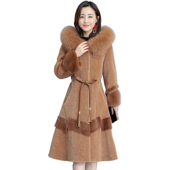 Плюс Размер Меха, Тонкое пальто из овечьего стриженого лисьего меха, Женская Длинная Модная Шерстяная куртка с капюшоном, Теплое женское пальто Parker