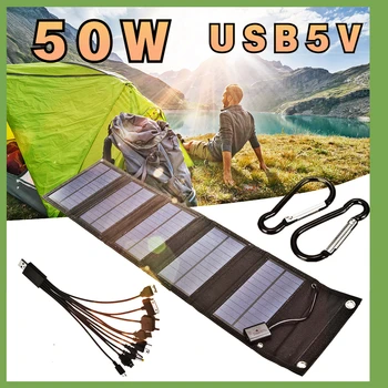 Портативная Солнечная Панель Мощностью 50 Вт, Складная Мощная Пластина 5 В, USB Зарядное Устройство для Кемпинга на Открытом Воздухе, Водонепроницаемое зарядное устройство