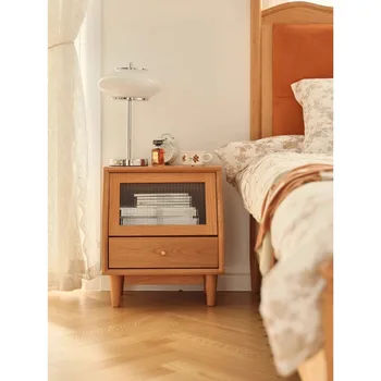 Прикроватный столик из массива дерева в скандинавском стиле, стеклянная дверь, плетеный из ротанга, маленький вишневый столик в стиле ретро, современный минимализм, прикроватный столик для хранения в спальне