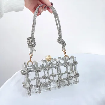 Прозрачная акриловая сумка-коробка, тканые сумки и кошельки с бриллиантами, роскошные дизайнерские сумки через плечо с кристаллами для женщин 2023, женская вечерняя сумка