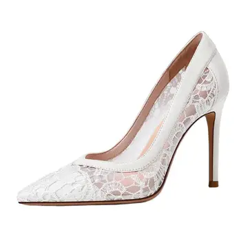Размер От 31 До 44, Белые Кружевные свадебные туфли на высоком каблуке, Тонкий каблук, Женские туфли для невесты Большого размера, Туфли-лодочки на шпильке