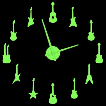 Разнообразие Гитар Светятся В Темноте Настенные Часы Rockers Music Studio Декор Рок-н-Ролл Музыка Электрогитара Большие Бескаркасные Часы DIY
