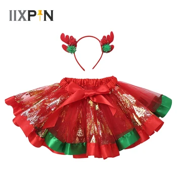 Рождественские Юбки Для Маленьких девочек, Новогодняя вечеринка, Танцевальная Балетная юбка + лента для волос с Оленем, Детский Красный костюм, Рождественский подарок