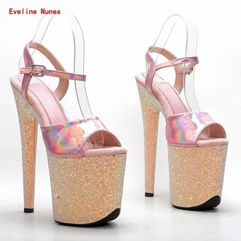 Розовые Блестящие Босоножки для подиума 2022, Летняя платформа, Новое поступление, Модель женской обуви на тонком высоком каблуке с открытым носком, ремешок на щиколотке, пряжка