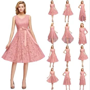Розовые Кружевные короткие Платья для подружек невесты Трапециевидное свадебное платье vestido madrinha В наличии 12 стилей