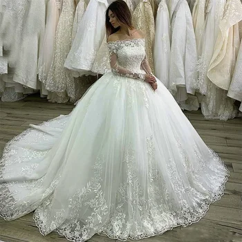 Роскошное Бальное платье принцессы замка, Белые свадебные платья, Кружевная аппликация с длинным рукавом, вырез лодочкой, Свадебное платье на заказ, свадебные платья