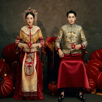 Свадебный костюм В китайском стиле, набор для бракосочетания, Одежда для тостов жениха, Вышивка дракона, Чонсам Большого Размера