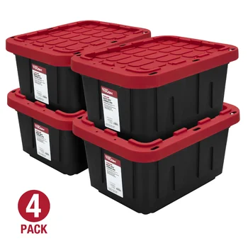 Сверхпрочный пластиковый контейнер для хранения с защелкивающейся крышкой объемом 5 галлонов, черный с красной крышкой, набор из 4 ящиков для хранения