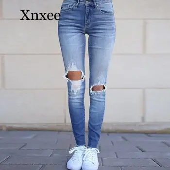 светло-голубые джинсовые брюки, джинсы с длинными дырками, длинные узкие брюки-карандаш с высокой талией, однотонные женские джинсы, уличные узкие осень-зима
