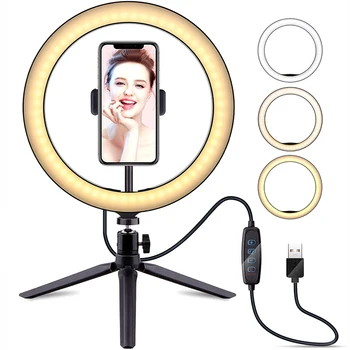 Светодиодная кольцевая лампа с регулируемой яркостью для Селфи с Мини-штативом и держателем для телефона для видеосъемки в прямом эфире на YouTube