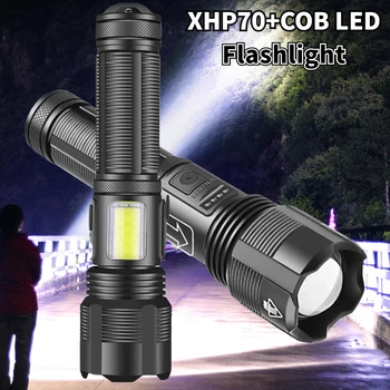 Светодиодный Фонарик Перезаряжаемый XHP70 + COB LED Масштабируемый фонарик 1000lm Водонепроницаемый Фонарь для Кемпинга, тактический охотничий фонарь, фонарь