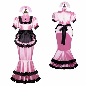 Сексуальное женское розовое атласное платье горничной с рыбьим хвостом, запирающееся на замок, костюм для взрослых, индивидуальный костюм для вечеринки, карнавальное платье