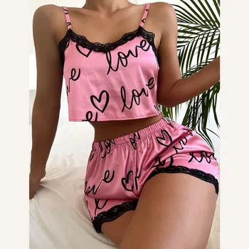 Сексуальный Пижамный комплект с цветочным Рисунком, Женская Одежда для сна, 2 предмета, Пижама, Шелковый Атласный Топ на бретелях и Шорты, Пижама, Летний Пижамный комплект для Женщин