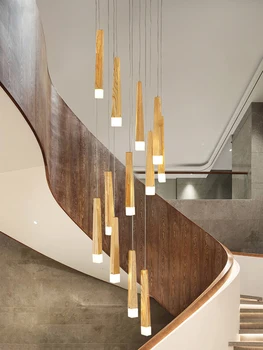 Современная минималистичная люстра на деревянном основании, вилла, лофт, гостиная, деревянные лампы, длинная люстра на лестнице, дуплексное архитектурное освещение