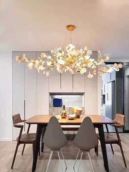 Современная светодиодная люстра из листьев белого Гинкго для столовой, бара, кухни, гостиной, лестницы, освещения лофта, оформления интерьера
