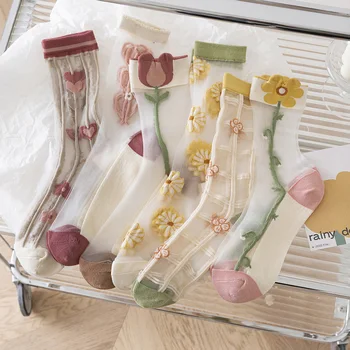 Стеклянные шелковые носки Harajuku для женщин, летние ультратонкие прозрачные хрустальные шелковые носки Kawaii с цветком тюльпана, носки в стиле 