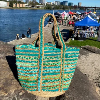 Сумка из индийского хлопка ручной работы из натурального джута, сумка-тоут для покупок, сумка-органайзер для отдыха на пляже