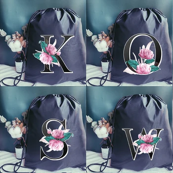Сумка на шнурке с цветочным принтом алфавита, мужской и женский рюкзак, женская сумка для йоги, портативные сумки, черный детский школьный рюкзак