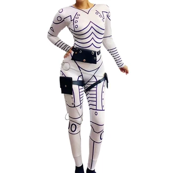 Сценический костюм Робота для ролевых игр на Хэллоуин в стиле панк, Женский эластичный комбинезон с белым принтом, Рождественское карнавальное шоу, боди