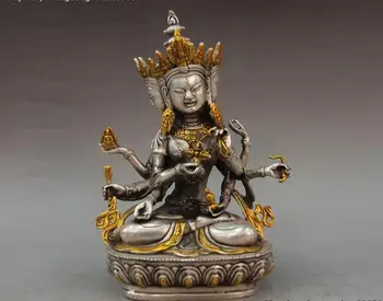 Тибетская Белая Медно-Золотая Позолоченная Статуя Будды Намгьялма Ушнишавиджая с 3 Головками и 8 Ручками