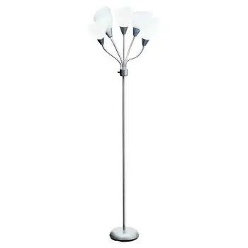 Торшер Mainstays с 5-ламповым многоголовочным светильником серебристого цвета с белым абажуром и металлическим основанием