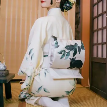 Традиционное японское Кимоно Женское Белое С цветком груши 140 см, халат с поясом, Весеннее вечернее платье