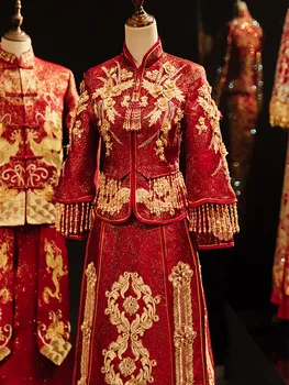 Традиционные высококачественные китайские платья для пар с драконом и Фениксом, китайская свадебная одежда для тостов, тонкая, праздничная и мирная