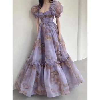 Французское ретро Фиолетовое платье с цветочным рисунком, Женское Летнее Новое Элегантное Облегающее платье средней длины с открытой спиной и принтом