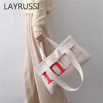 Холщовая сумка LAYRUSSI многоразового использования через плечо для женщин, экологичная сумка для покупок, простая школьная сумка для студентов большой емкости