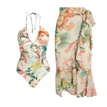 Цельный купальник с V-образным вырезом и цветочным принтом, женский купальник в стиле Ретро, Бикини с цветочным принтом, праздничная пляжная одежда